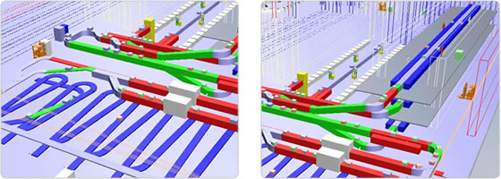 左图：仓库货物吞吐区域模拟；右图：仓库货架存储码放模拟