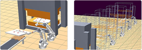左图：两台Kawasaki机器人组成的磨具传递系统，右图：四台Kawasaki机器人组成的冲压生产线