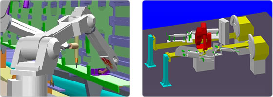 左图：两台机器人进行铆接工作；右图：一台机器人进行汽车排气管焊接