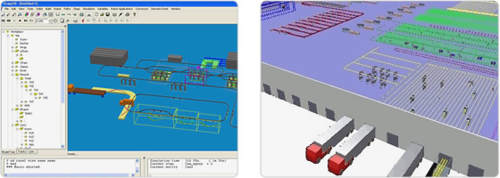 左图：使用Grasp模拟场行李运送系统模拟，右图：一个仓物流中心的模拟
