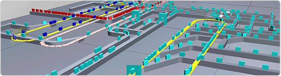 Simulated conveyor belt for an airport baggage handling system.